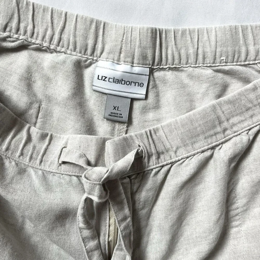 Liz Claiborne Linen /Cotton Pants Women Size XL Beige Drawstring Pockets Coastal